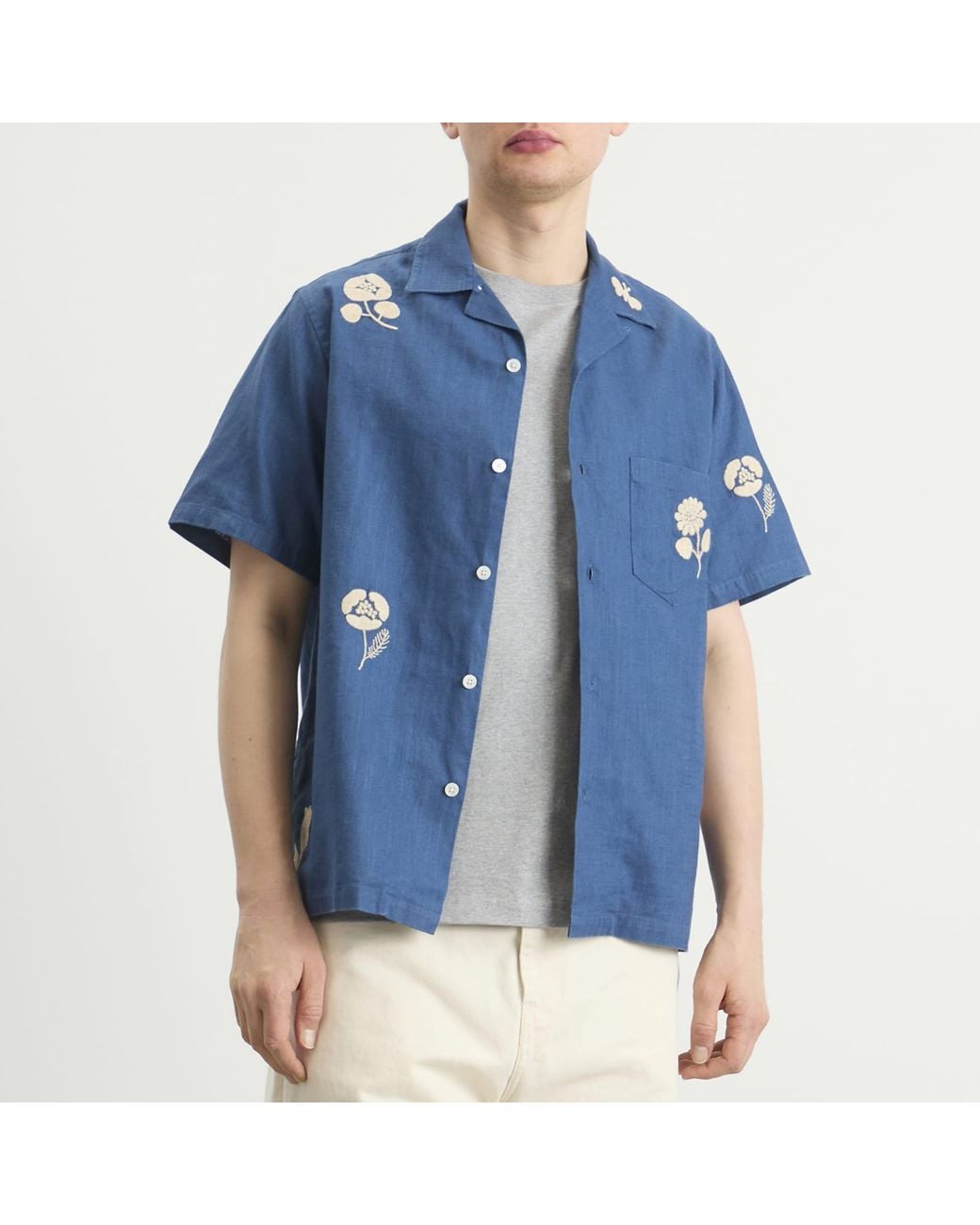 Portuguese Flannel Blue Embroidery Nature Ramie Vacation Shirt for men