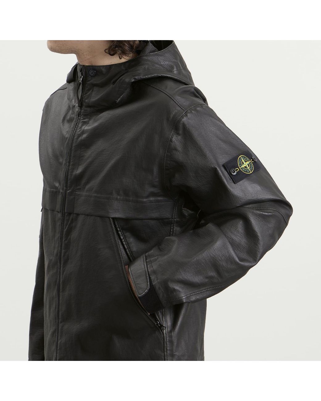 Stone Island Black Leather Organza Hooded Jacket for men