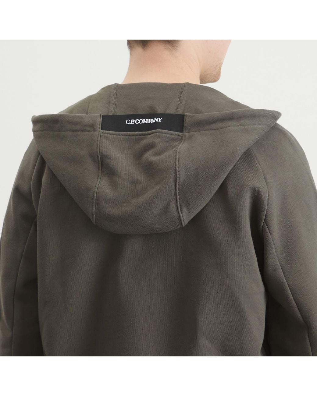 C P Company Gray Diagonal Raised Fleece Hooded Lens Sweatshirt for men