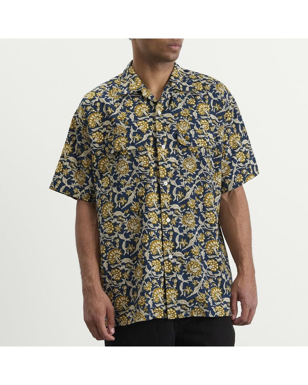 Beams Plus Gray Block Print Open Collar Shirt for men