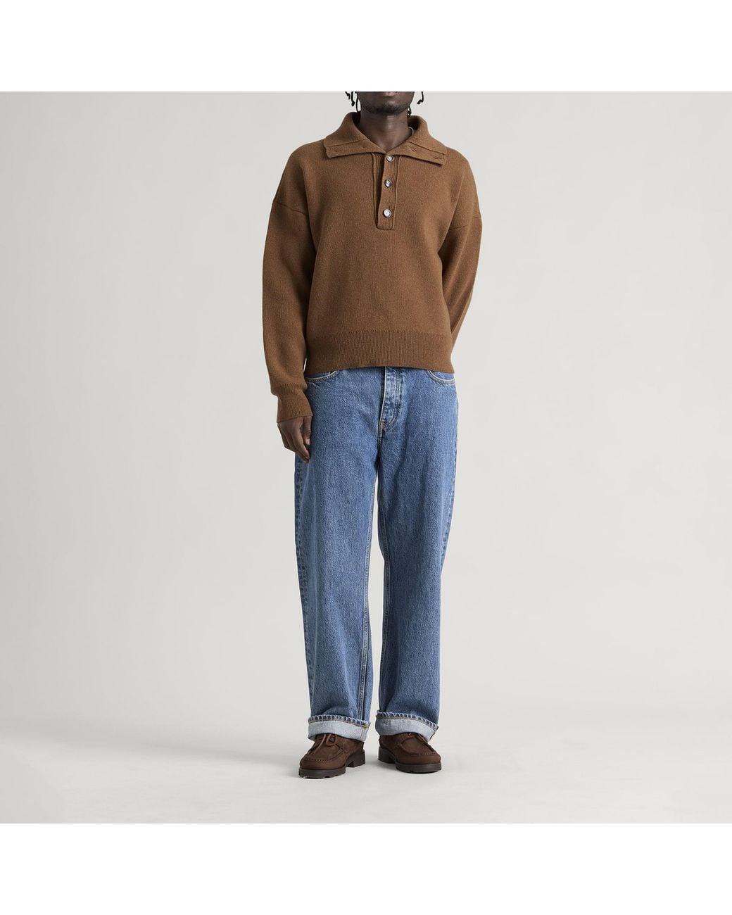 AMI Brown Compact Wool Buttoned Collar Jumper for men