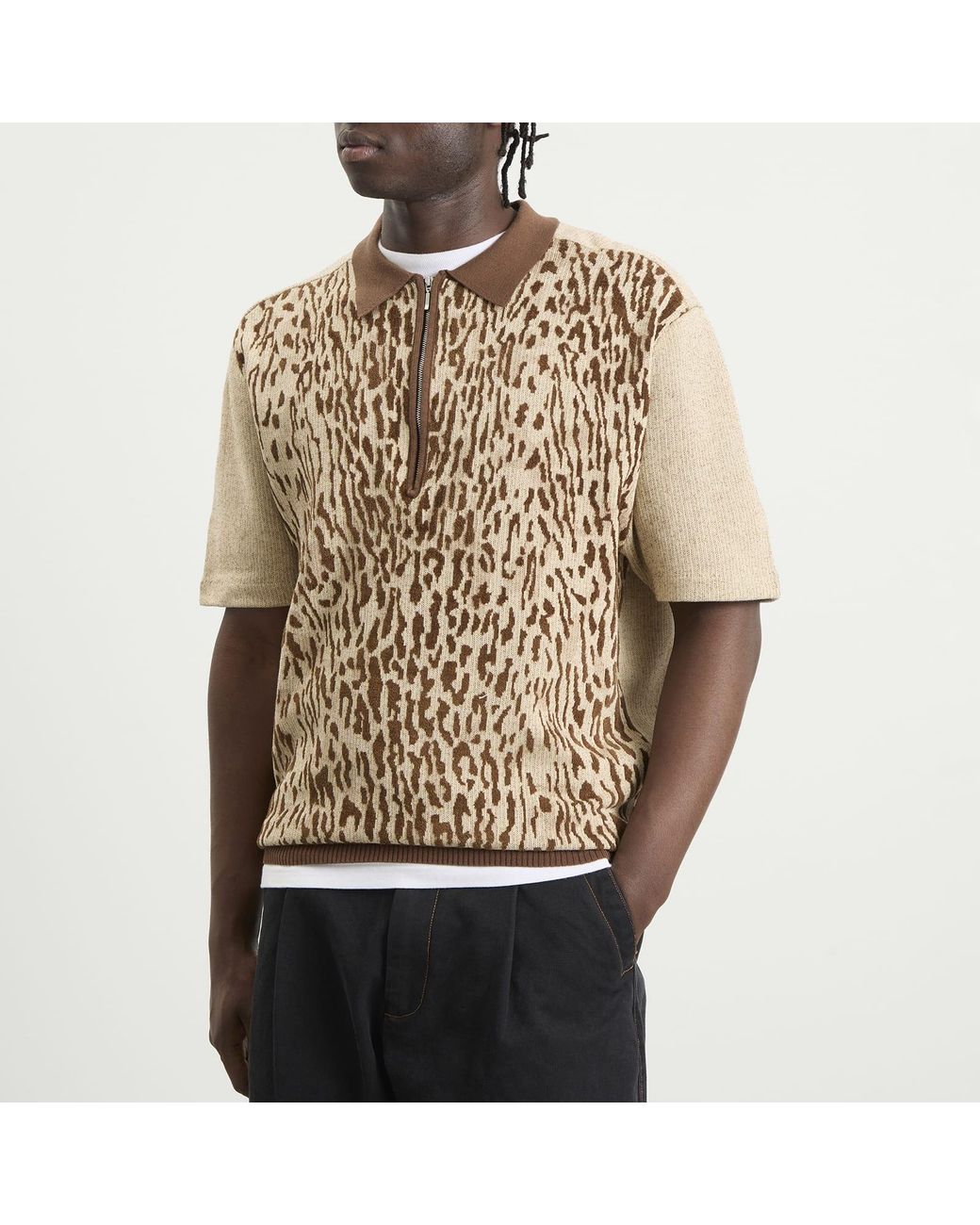 Beams Plus Natural Animal Jacquard Knit Polo for men