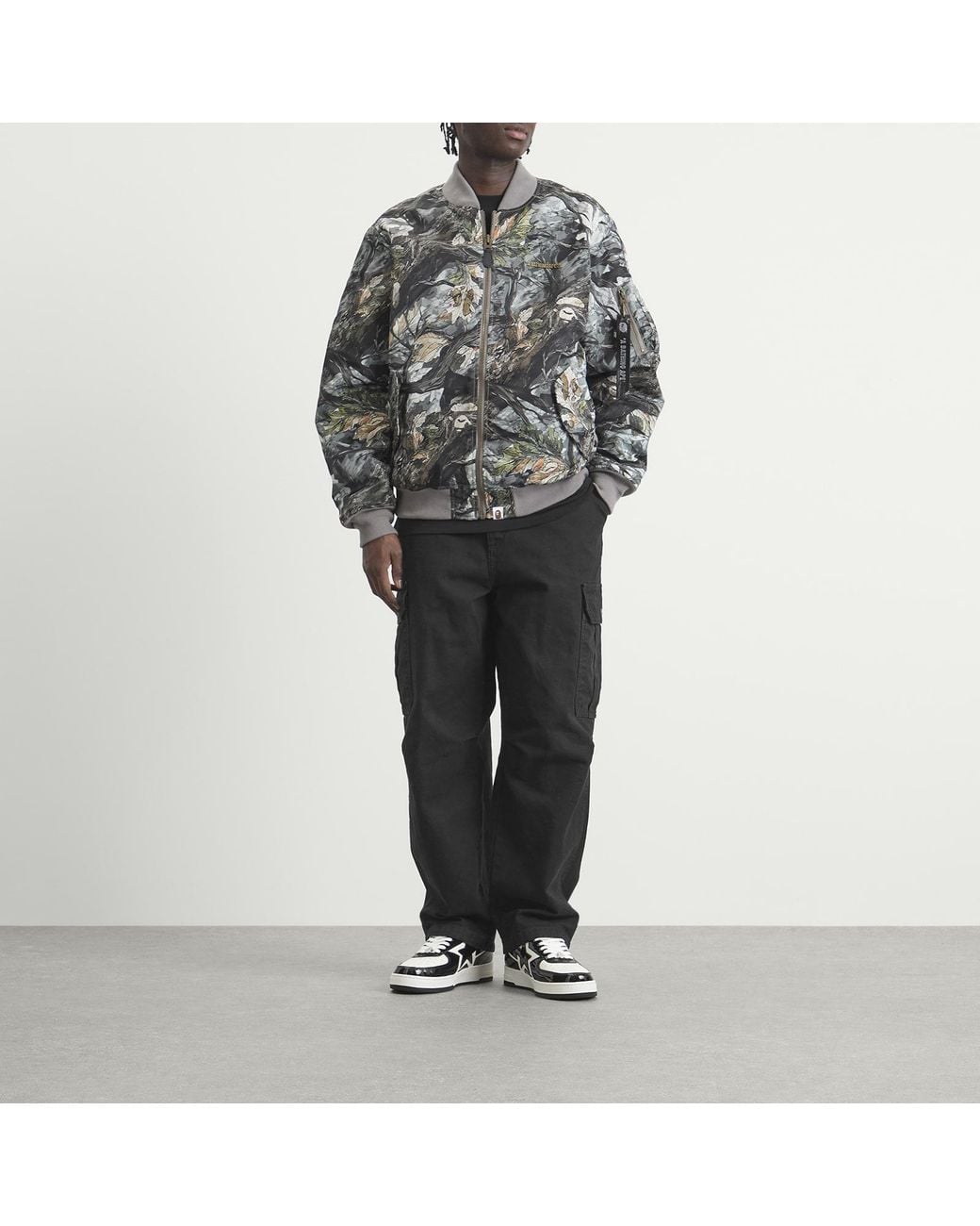 A Bathing Ape Gray Tree Edge Camo Bomber Jacket for men