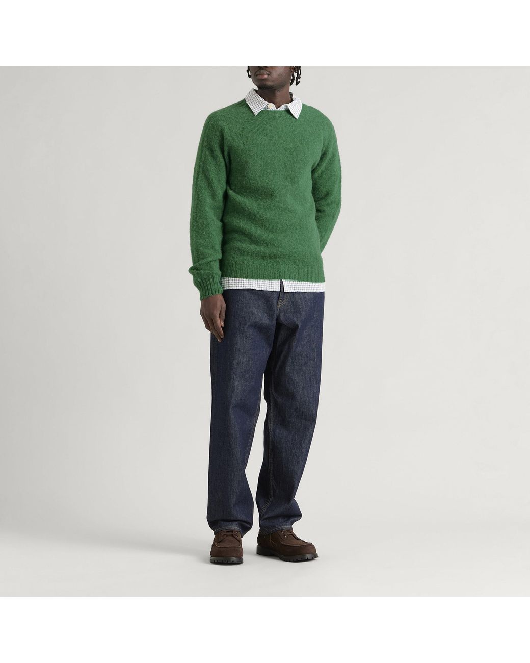 Drake's Green Brushed Shetland Crew Knit for men