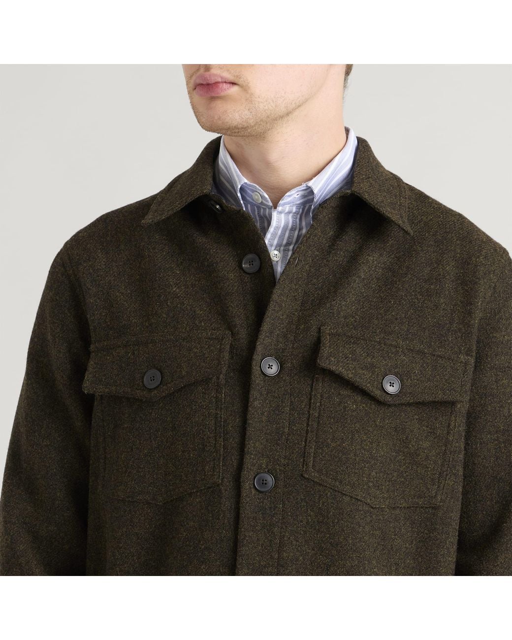 Portuguese Flannel Green Wool Field Tweed Overshirt for men