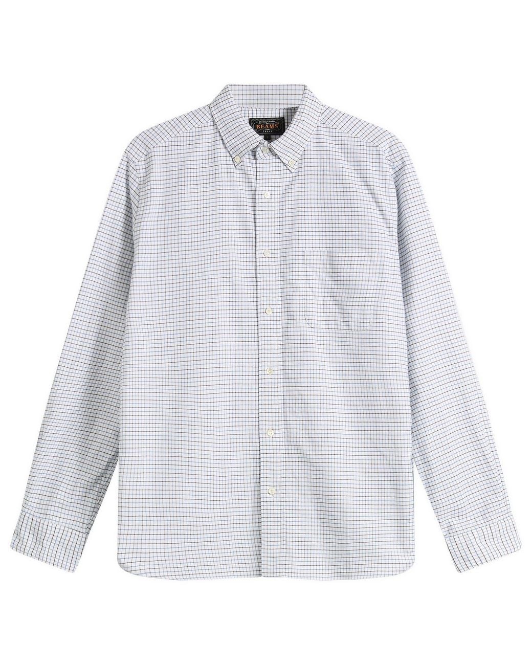 Beams Plus White Tattersall Check Button Down Oxford Shirt for men