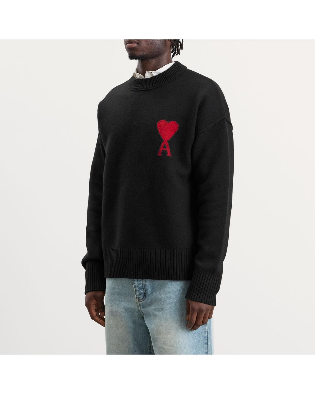 AMI Black Crewneck Sweater With Contrasted Ami De Coeur for men