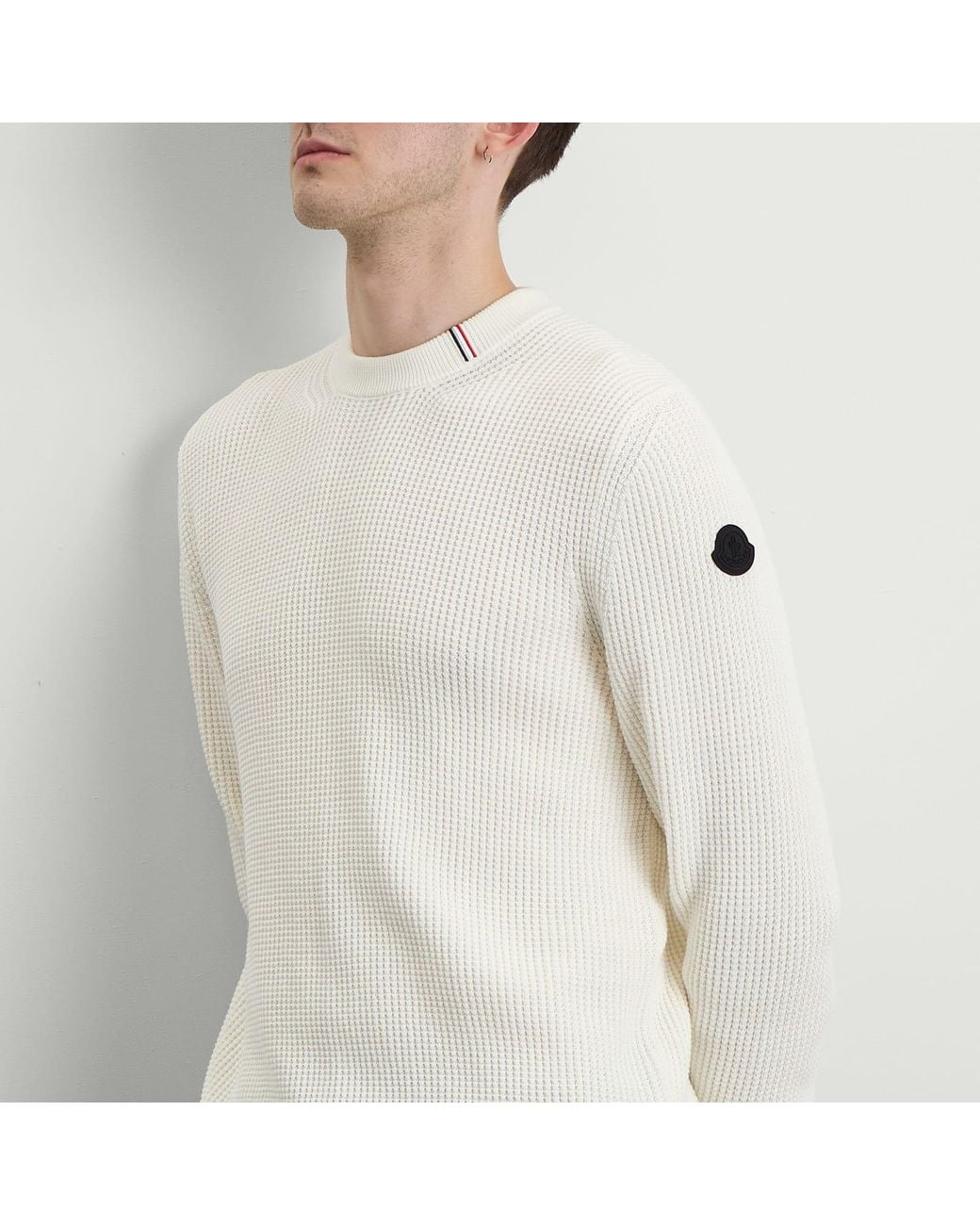 Moncler White Cotton Woven Crew Neck Jumper for men