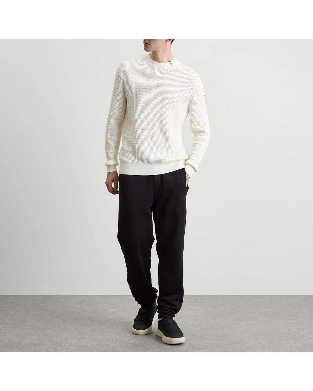 Moncler White Cotton Woven Crew Neck Jumper for men