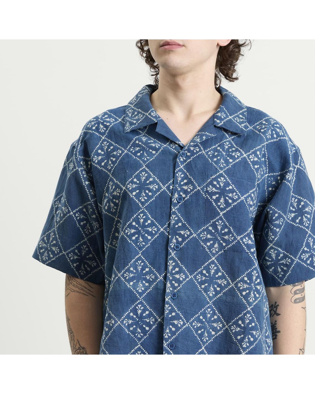 STORY mfg. Blue Hand Block Printed Greetings Shirt for men