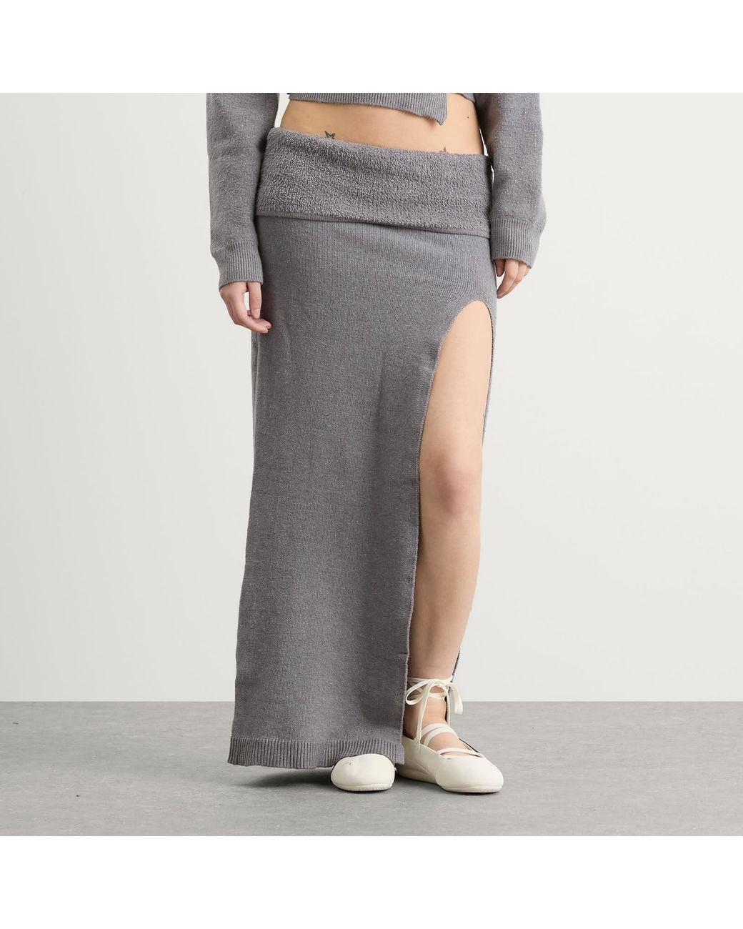 Skims Gray Textured Knit High Slit Long Skirt