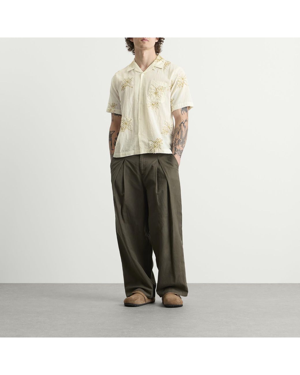 Universal Works Natural Hand Embroidered Stripe Road Shirt for men