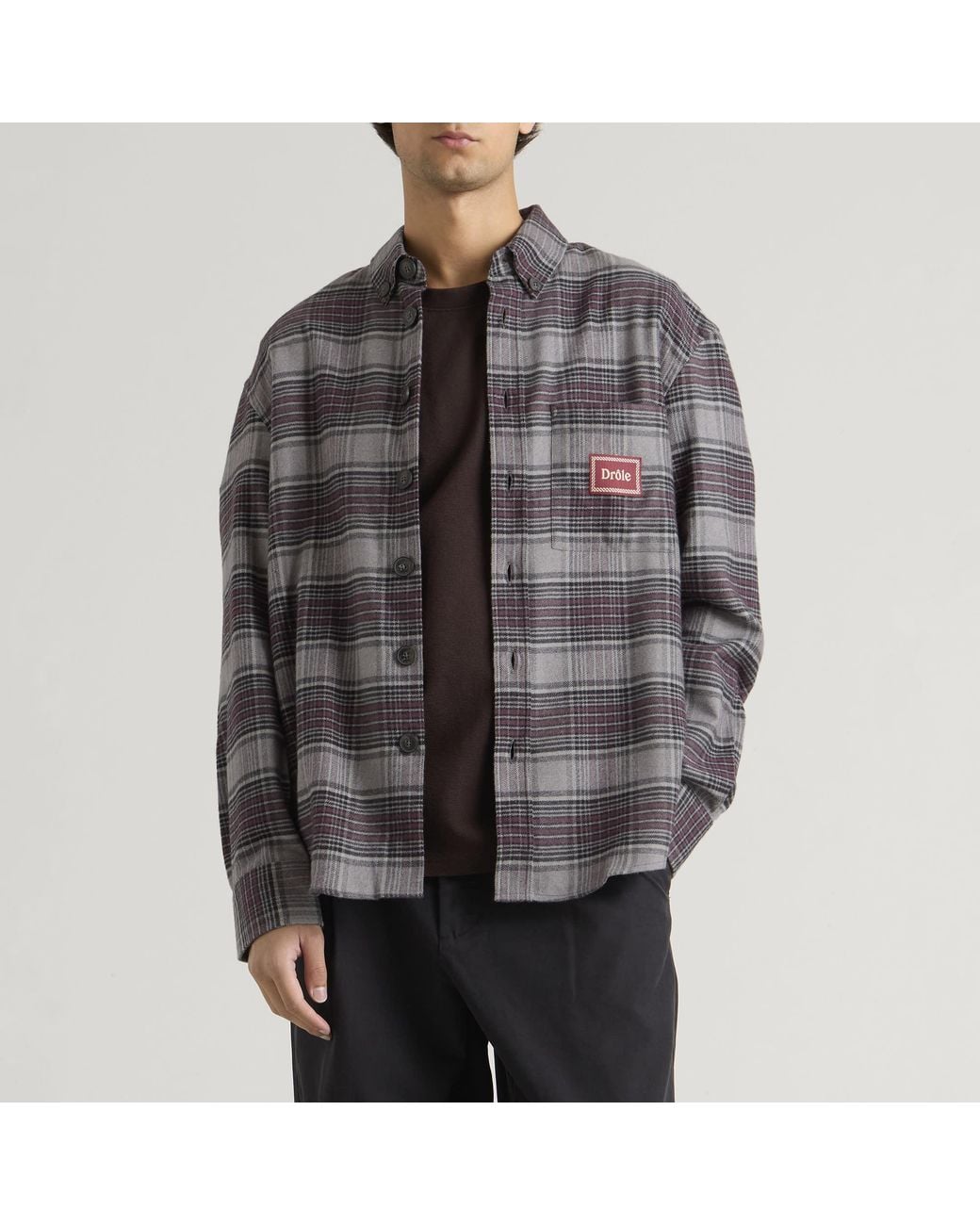 Drole de Monsieur Gray Boxy Flanel Checked Shirt for men