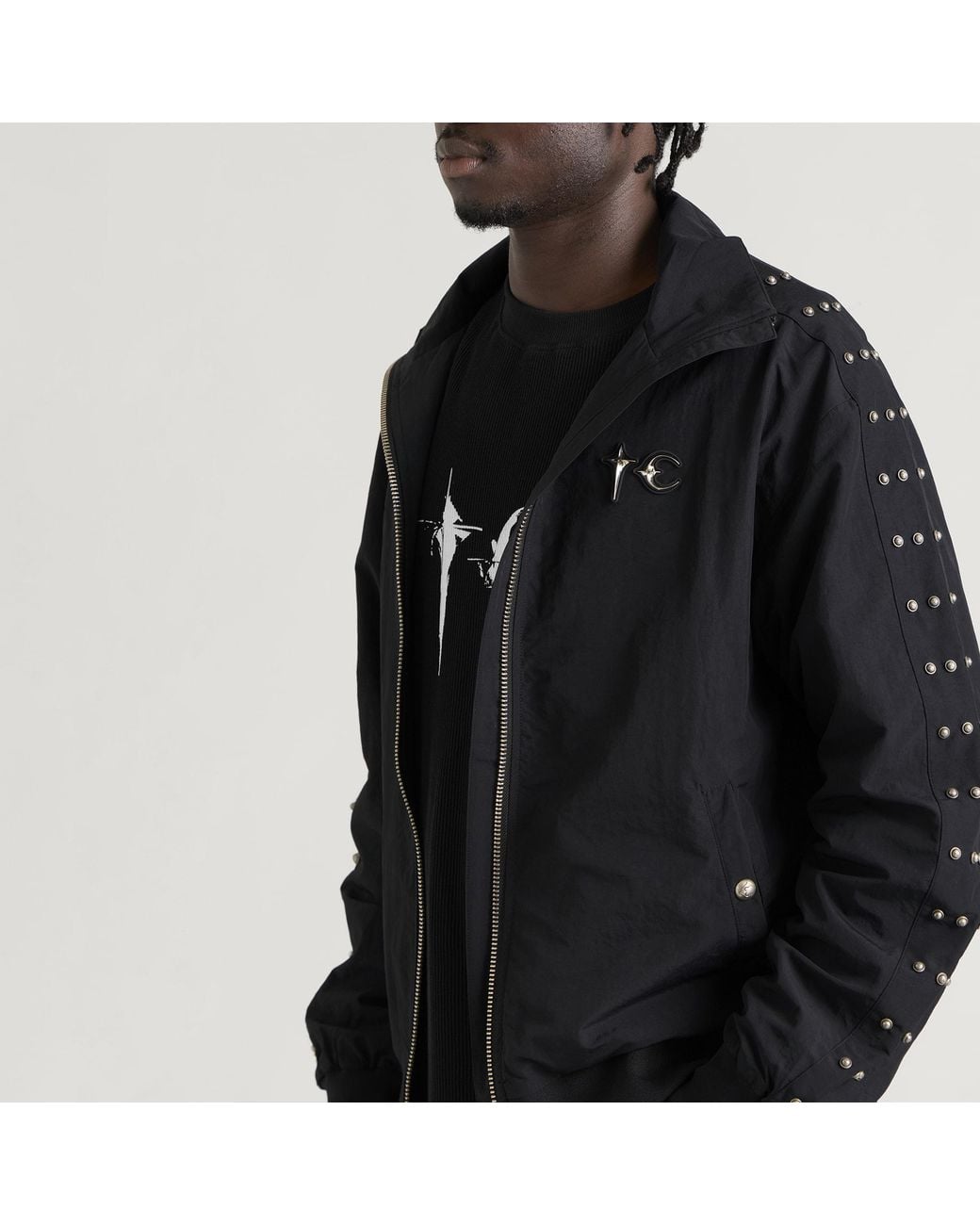 THUG CLUB Black Triple Line Stud Track Jacket for men