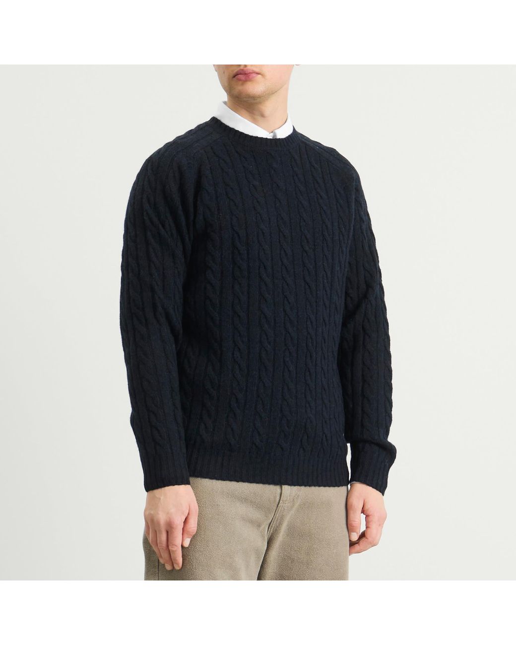 Beams Plus Blue Cable Knit Crew Neck Jumper for men
