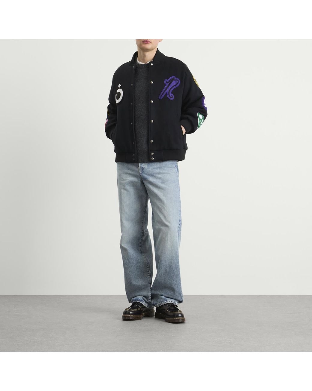 Nomarythm Textile Black X Needles Patch Varsity Jacket for men