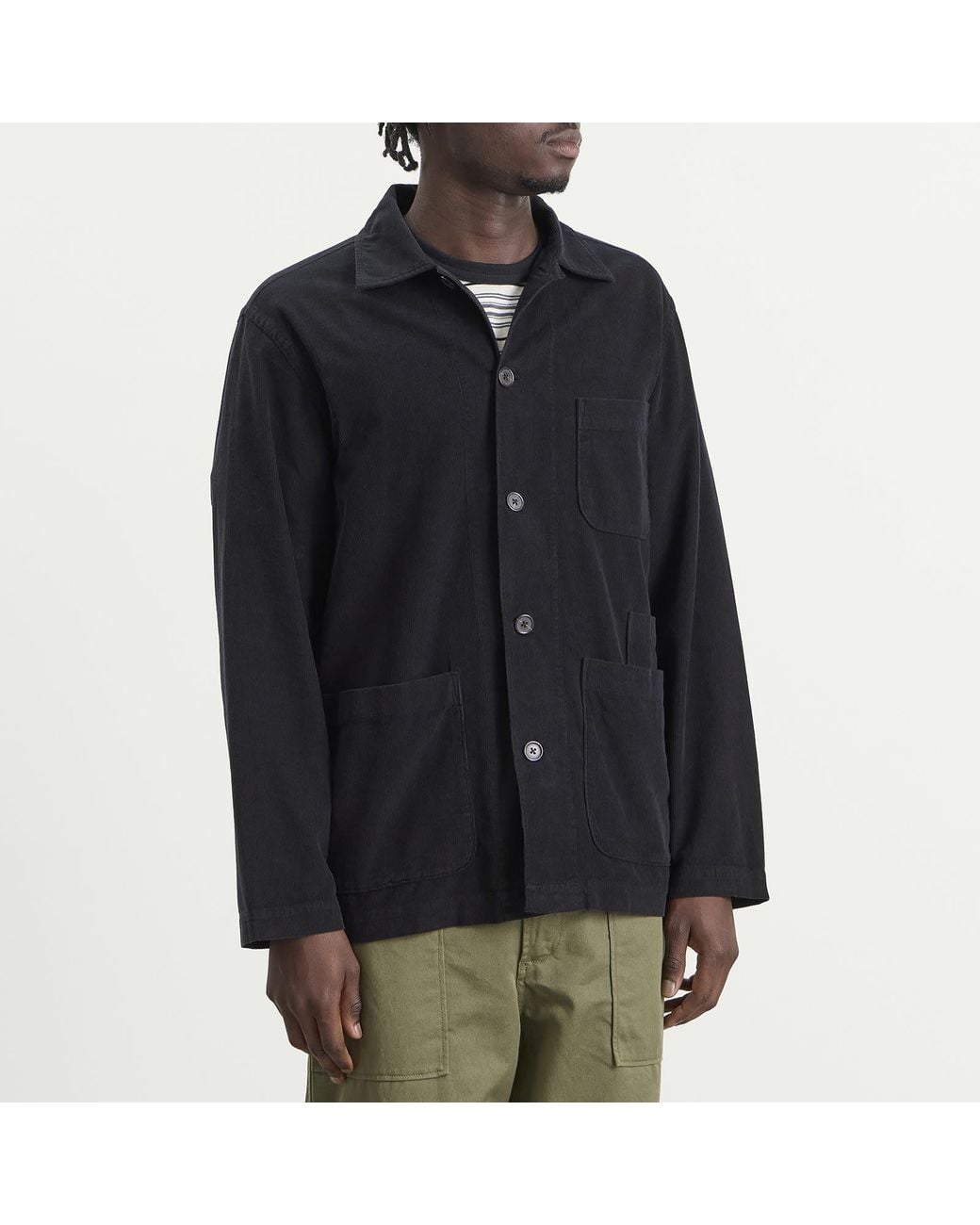 Universal Works Black Fine Cord Bakers Overshirt for men