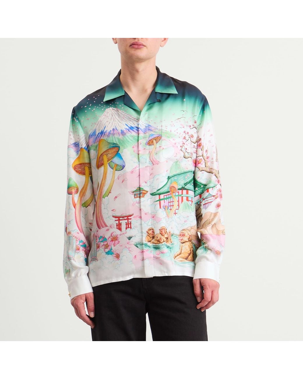 Casablanca Green Silk Twill Cuban Collar Long Sleeve Shirt for men