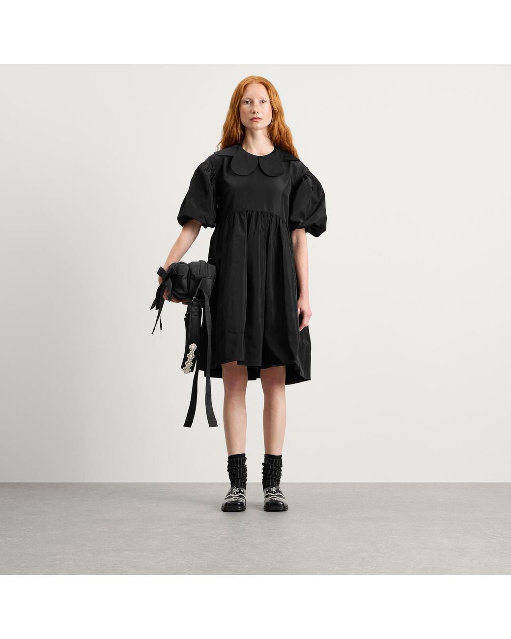 Simone Rocha Black Mini Puff Sleeve Petal Collar Smock Dress
