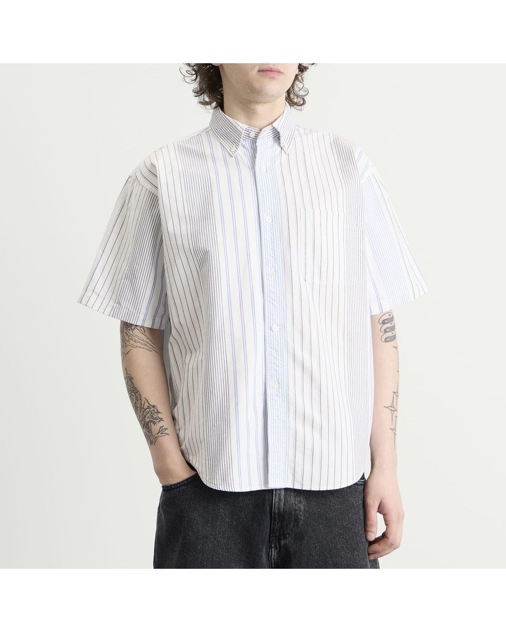 Beams Plus White Oxford Button Down Half Sleeve Shirt for men