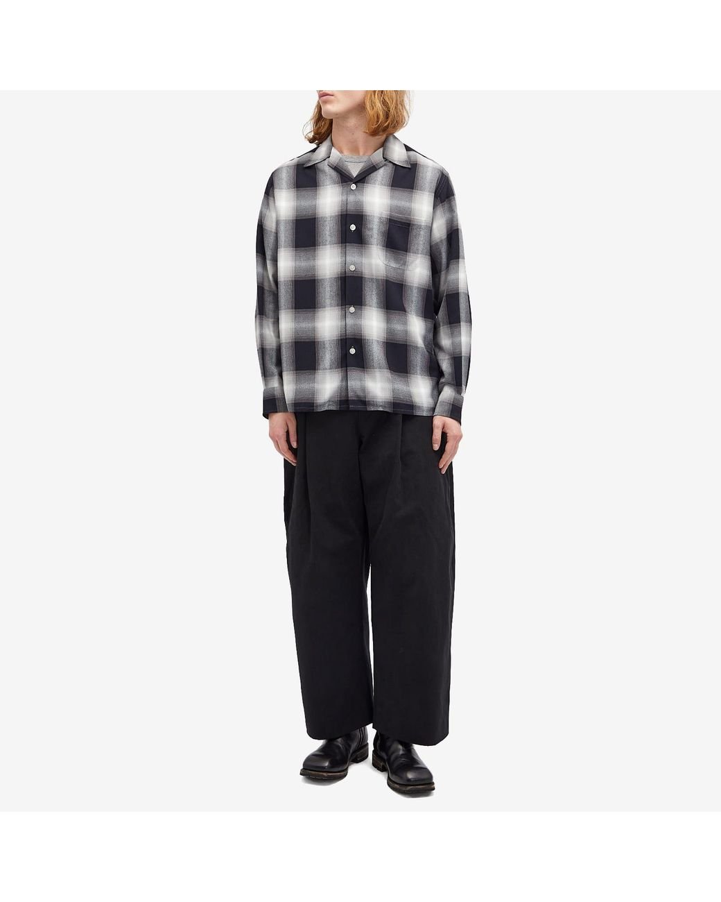 Wacko Maria Type-1 Ombre Check Open Collar Shirt in Gray for