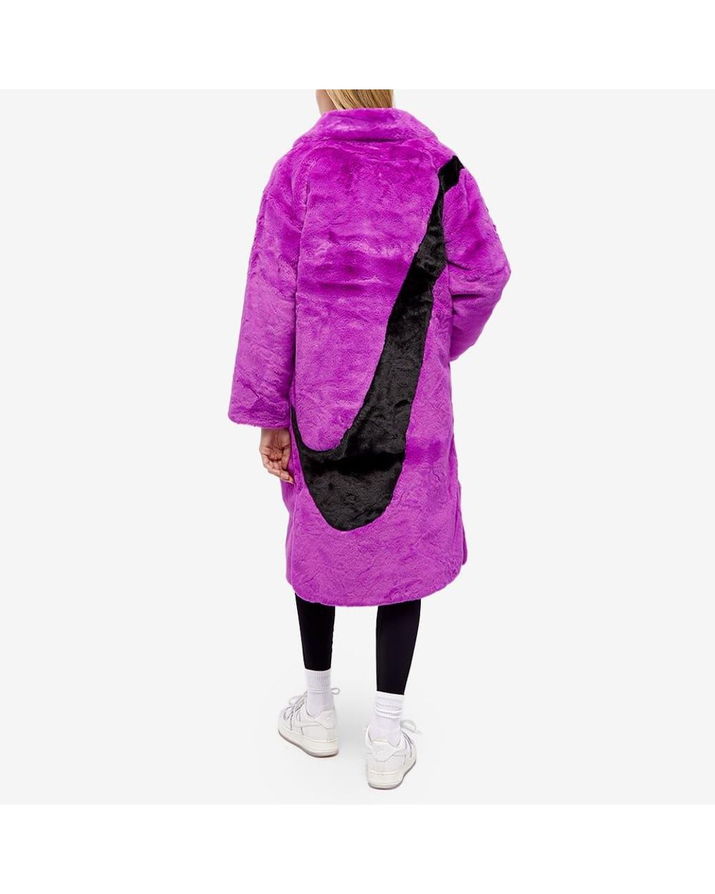 nike faux fur oversized swoosh jacket in purple