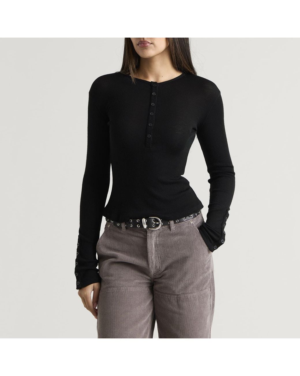 mfpen Black Long Sleeve Henley Top