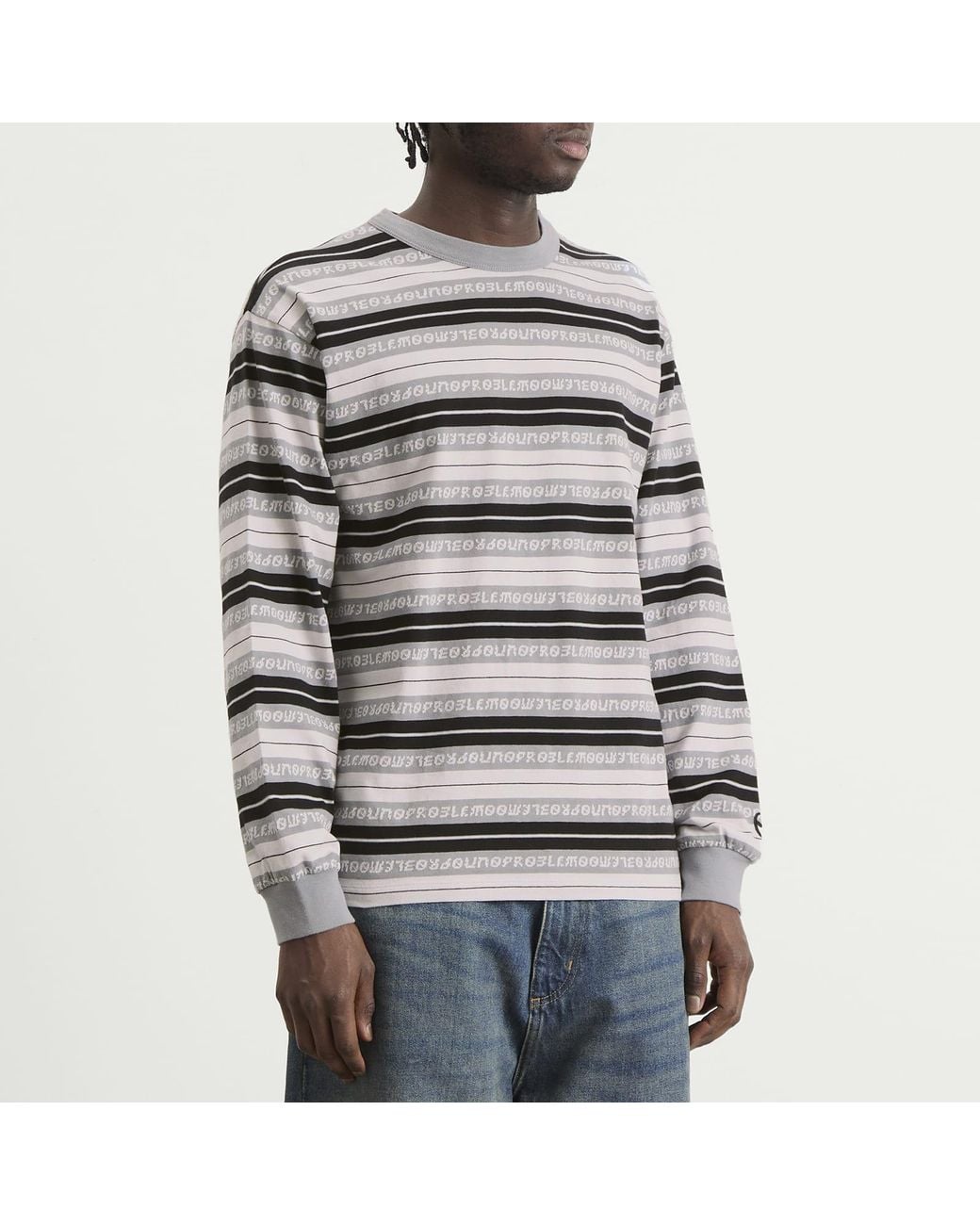 No Problemo Gray Jacquard Stripe Long Sleeve T-Shirt for men