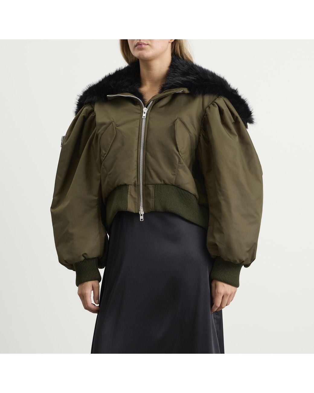 Simone Rocha Green Cropped Split Faux Fur Hood Bomber Jacket