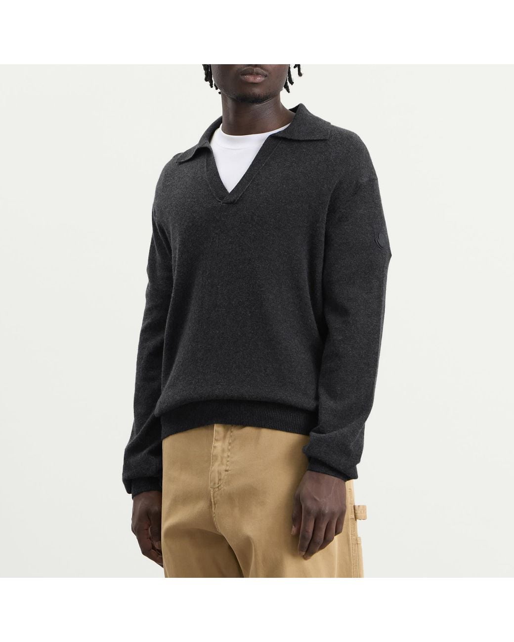 Moncler Black Cashmere Wool Open Collar Polo for men