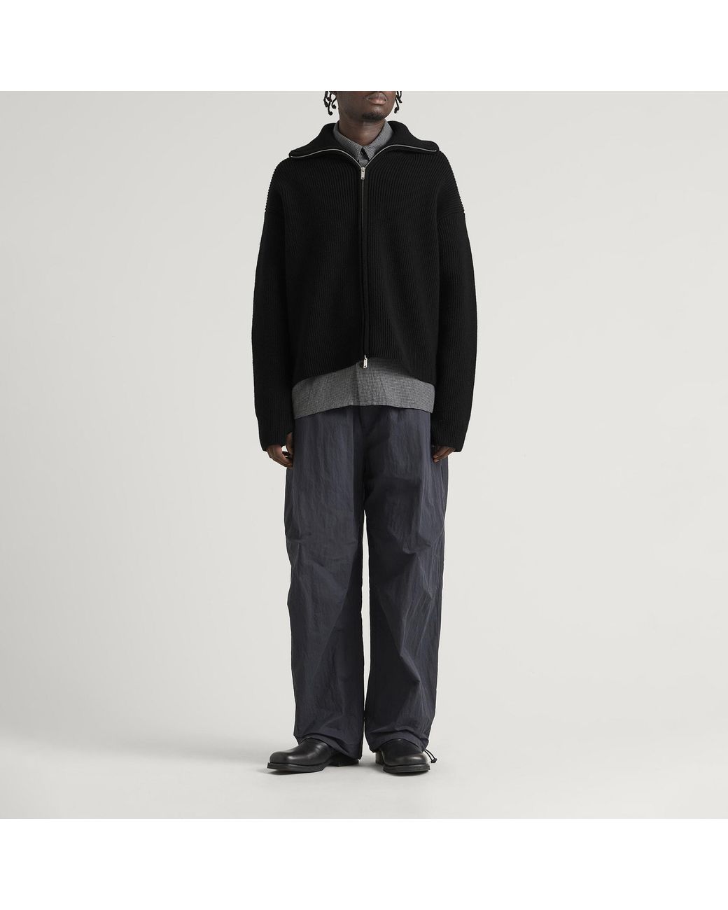 Studio Nicholson Black Sandos Rib Zip Though Jumper for men