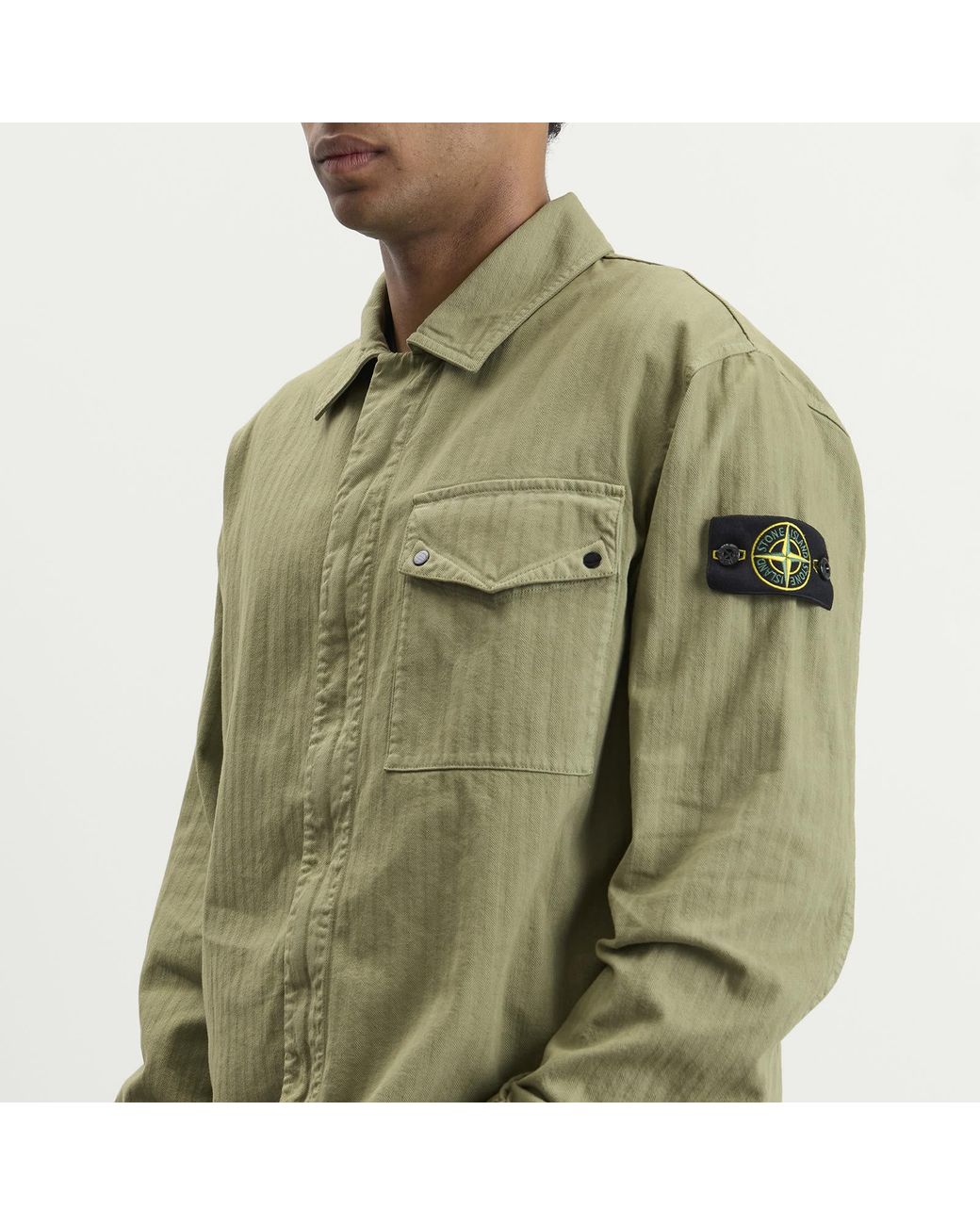 Stone Island Green Cotton Herringbone Zip Shirt Jacket for men