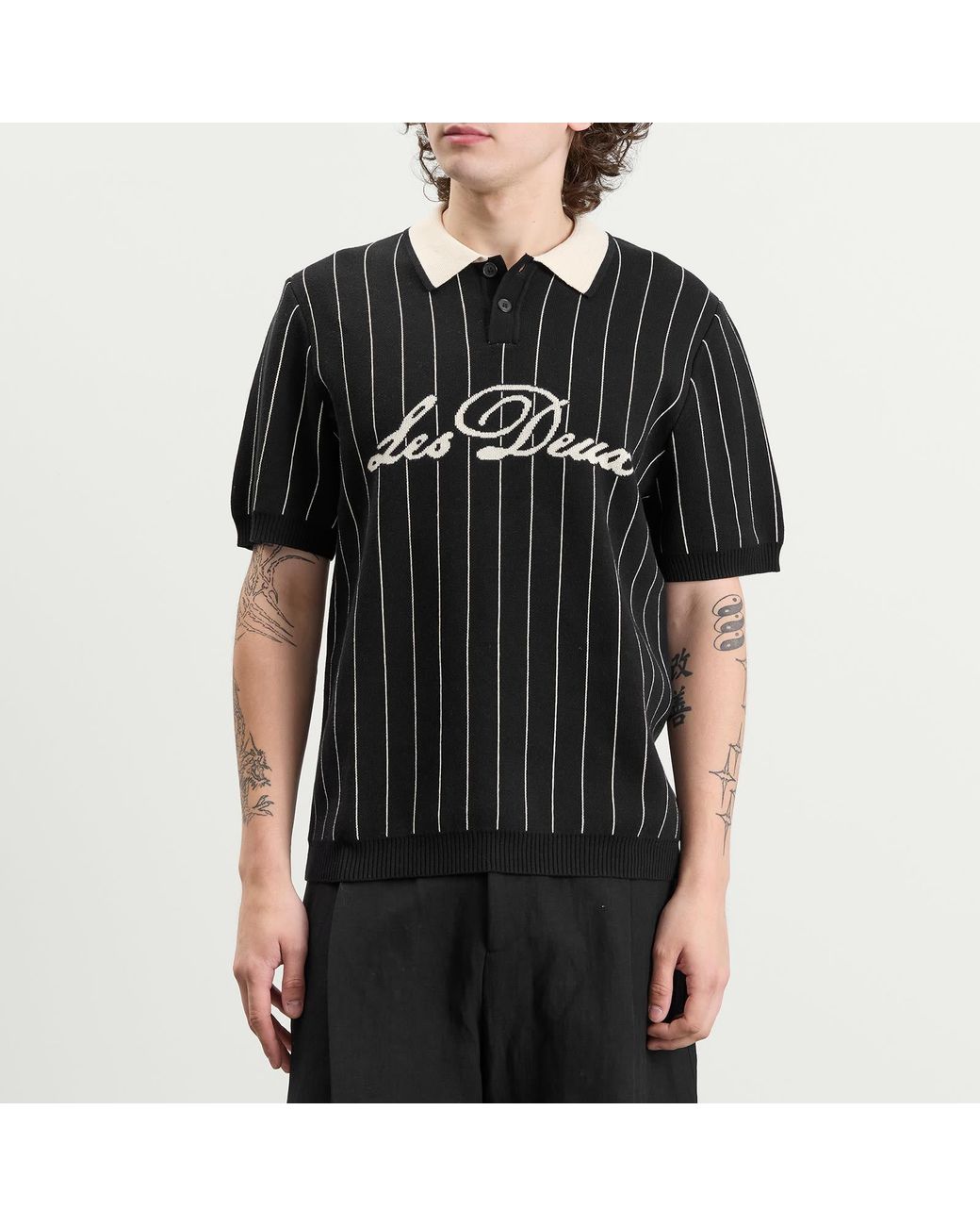 Les Deux Black Pinstripe Knitted Polo for men
