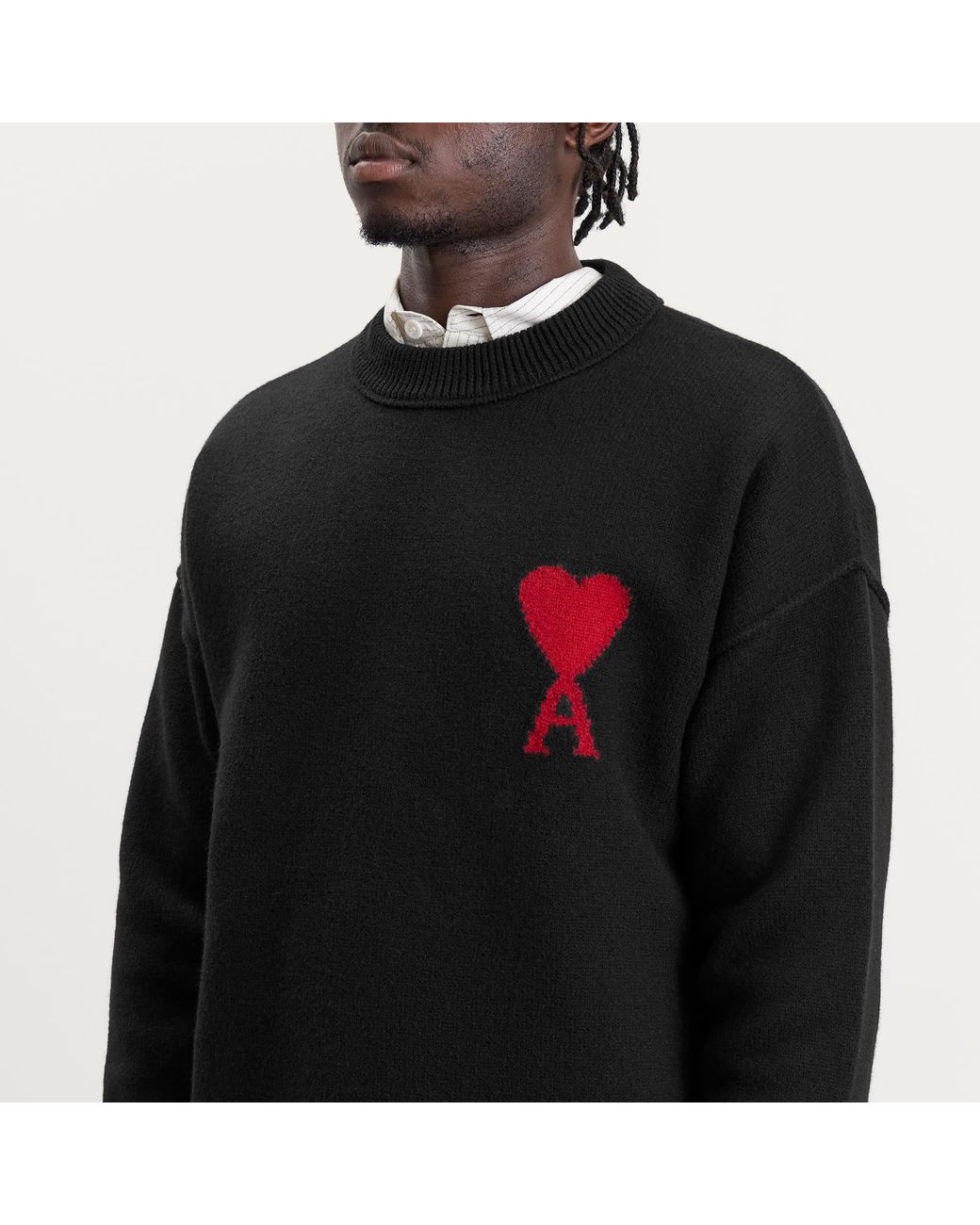AMI Black Crewneck Sweater With Contrasted Ami De Coeur for men