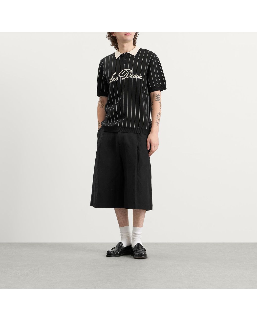 Les Deux Black Pinstripe Knitted Polo for men