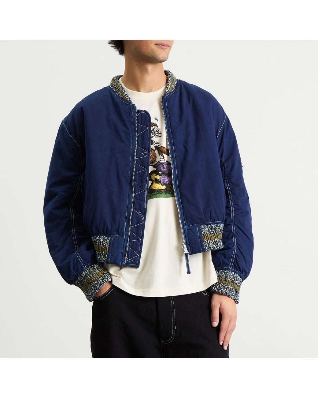 STORY mfg. Story Mfg Seed Printed Wonky-Wear Bomber in Blue for