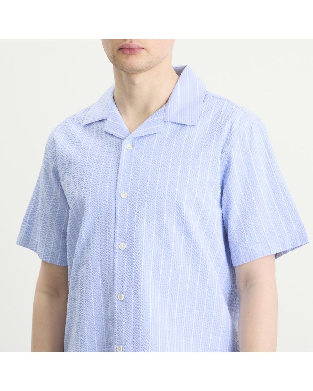 Wax London Blue Didcot Seersucker Stripe Vacation Shirt for men