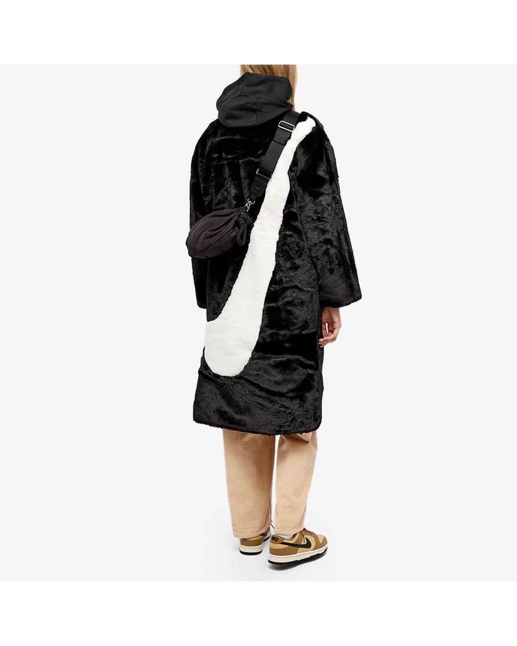 nike faux fur oversized swoosh jacket in black