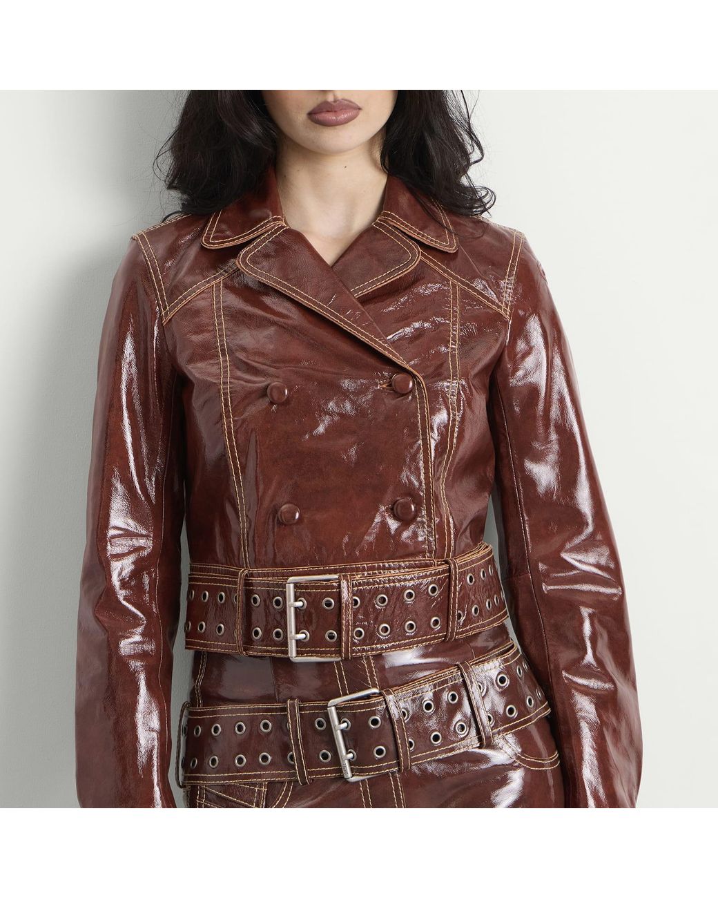 DIESEL Brown L-Egend Patent Cropped Jacket With Belt