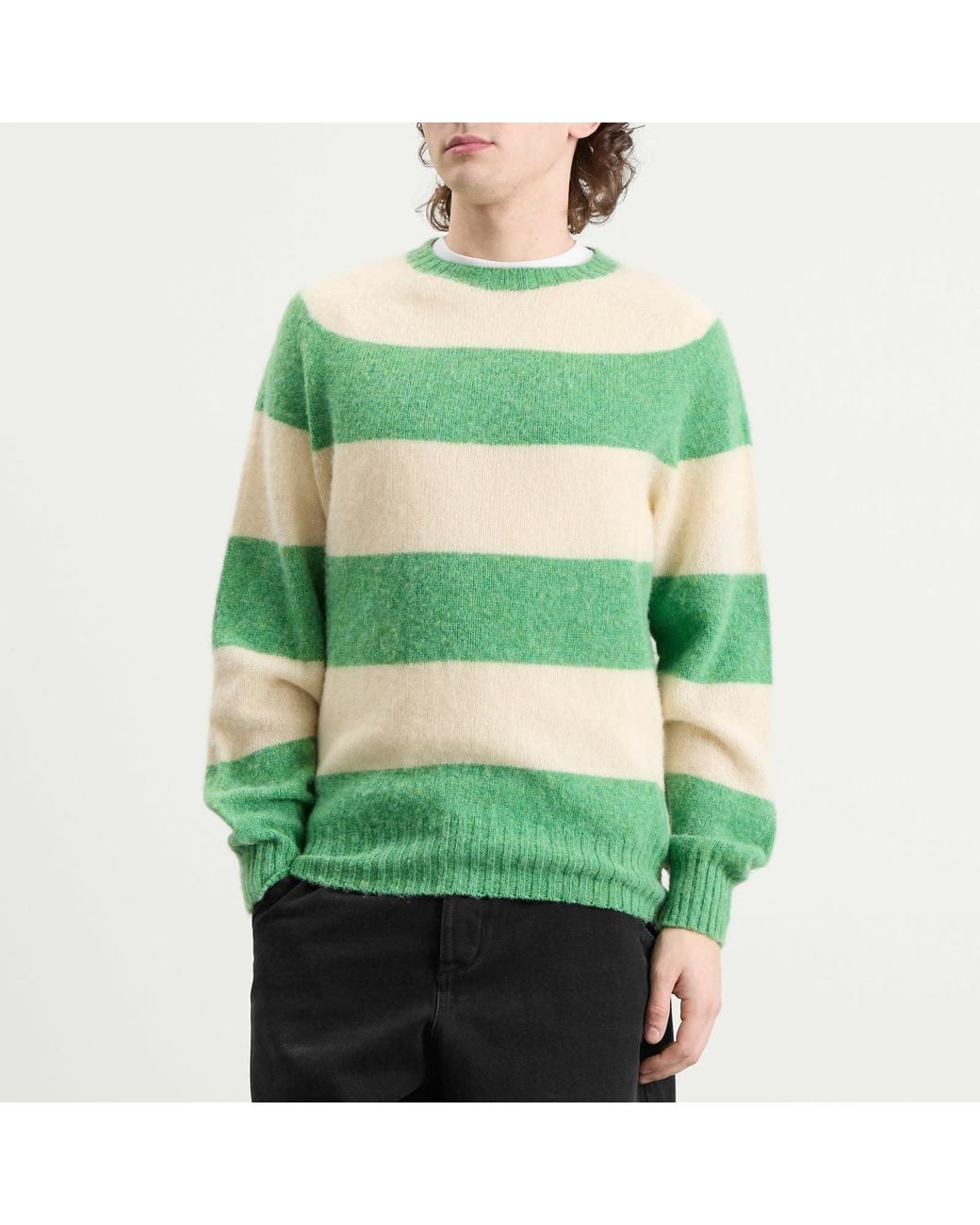 YMC Green Suedehead Stripe Crew Neck Jumper for men
