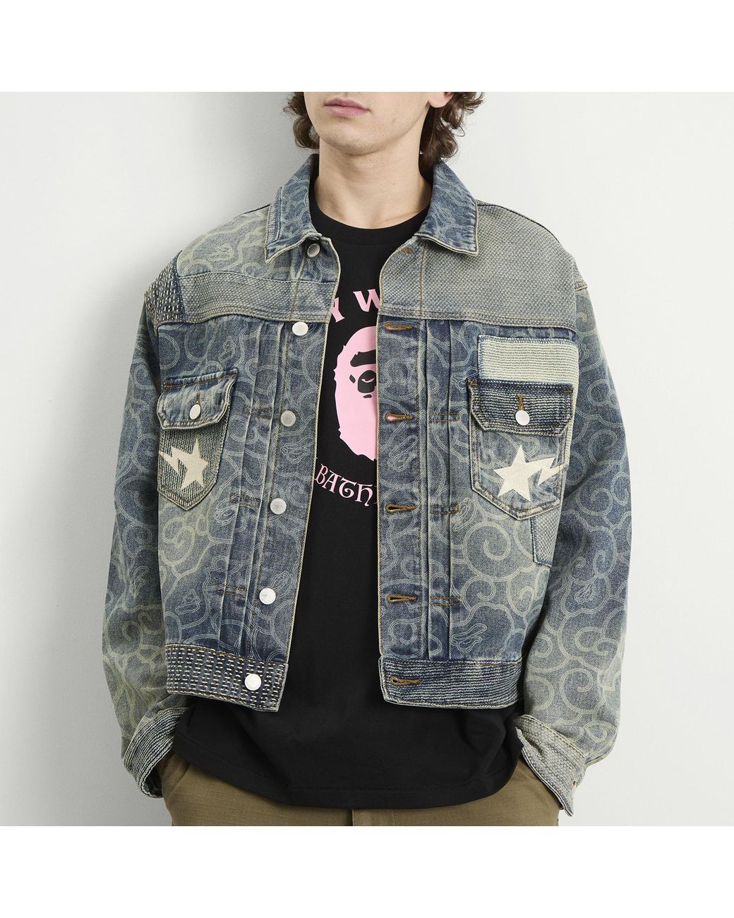 A Bathing Ape Blue Cloud Camo Upcycled Denim Trucker Jacket for men