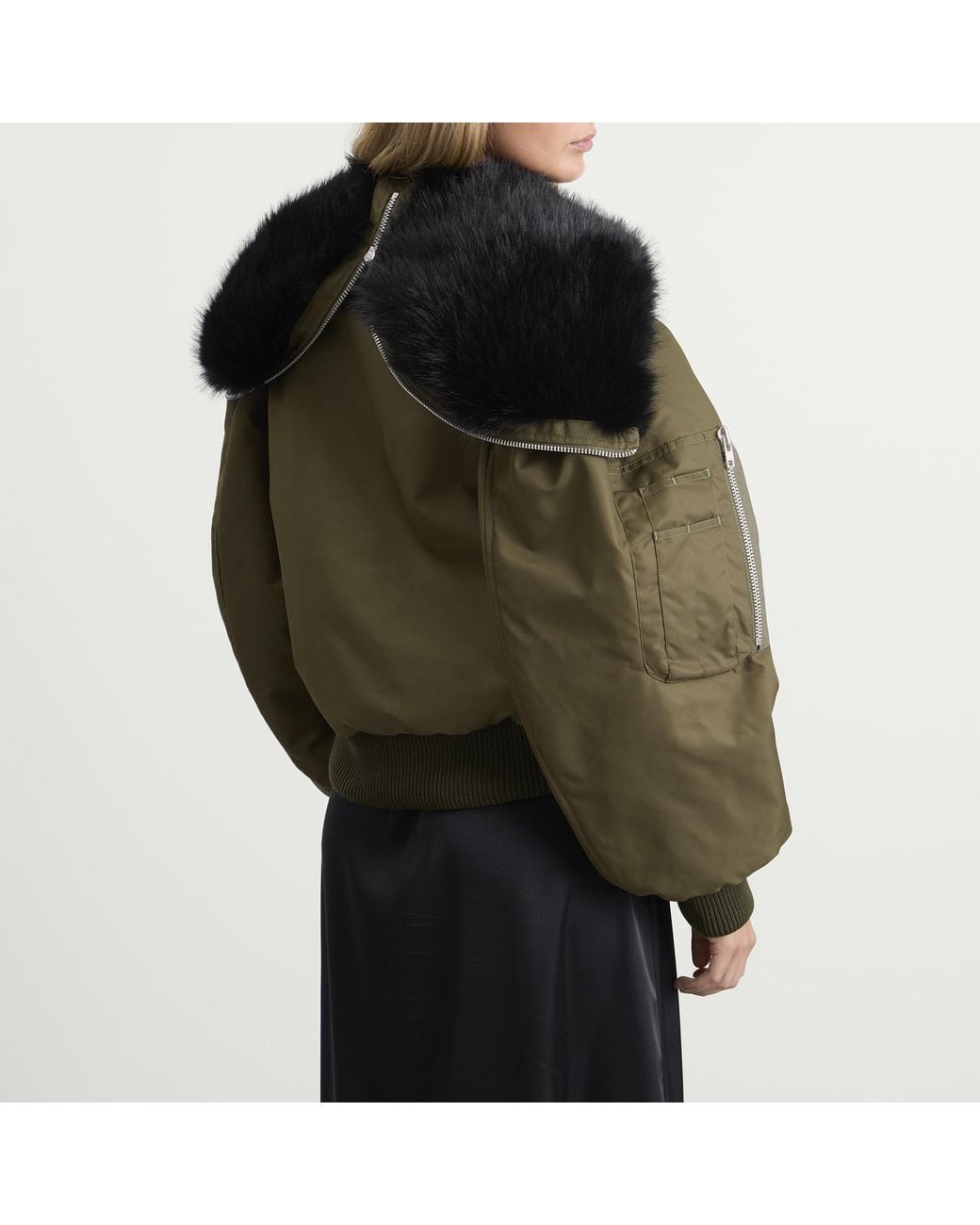 Simone Rocha Green Cropped Split Faux Fur Hood Bomber Jacket
