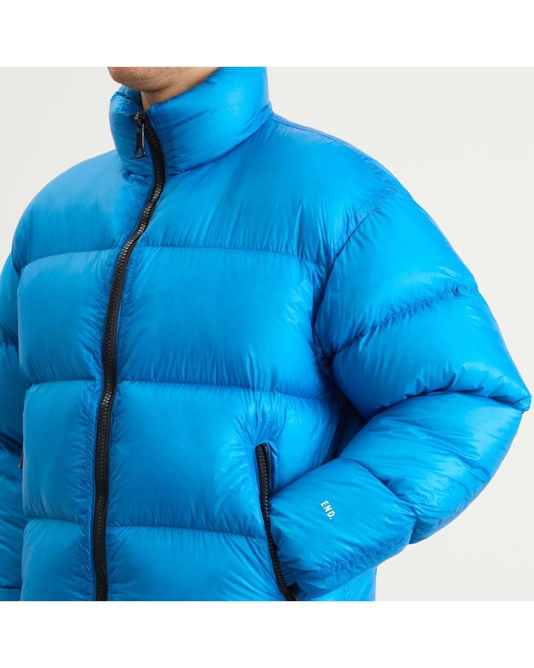 MKI Miyuki-Zoku Blue Translucent Funnel Neck Bubble Jacket Presented By End for men