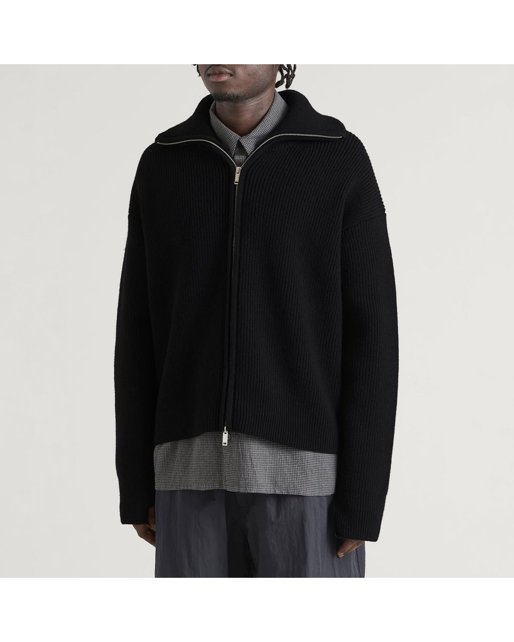 Studio Nicholson Black Sandos Rib Zip Though Jumper for men