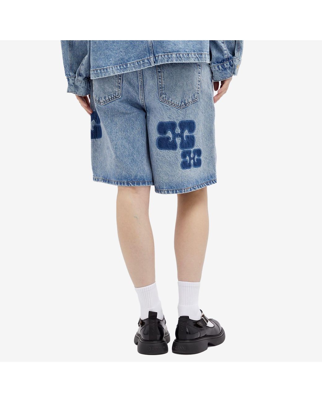 Ganni Patch Denim Shorts in Blue | Lyst