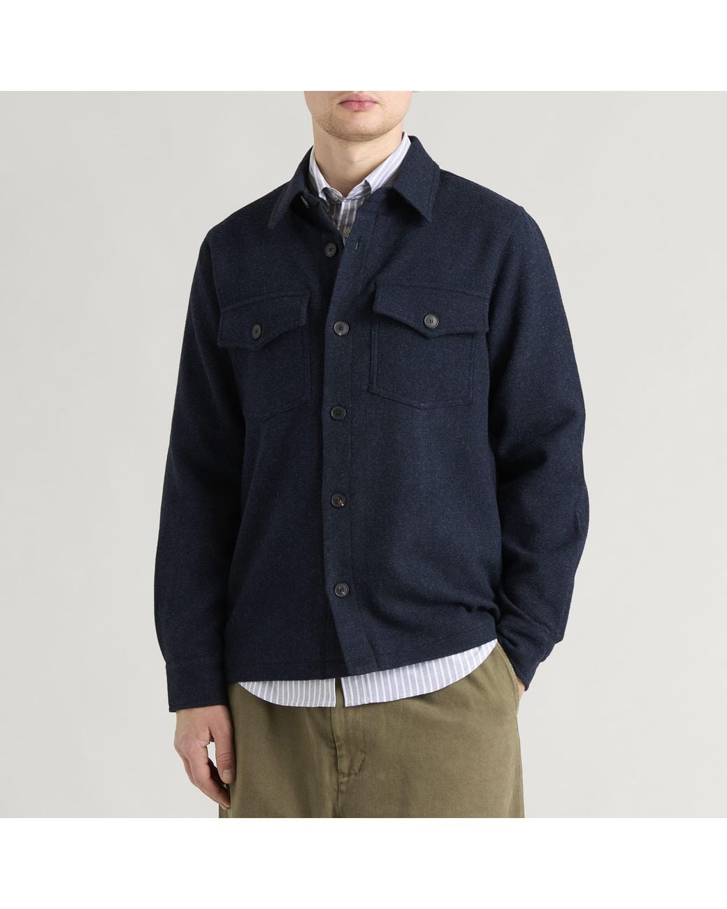 Portuguese Flannel Blue Wool Field Tweed Overshirt for men