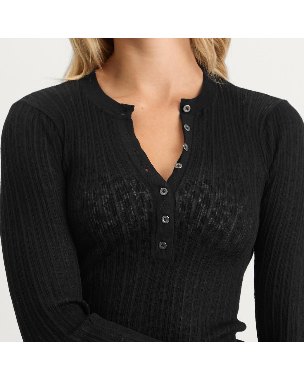 Skims Sheer Knit Long Sleeve Henley Top in Black | Lyst UK
