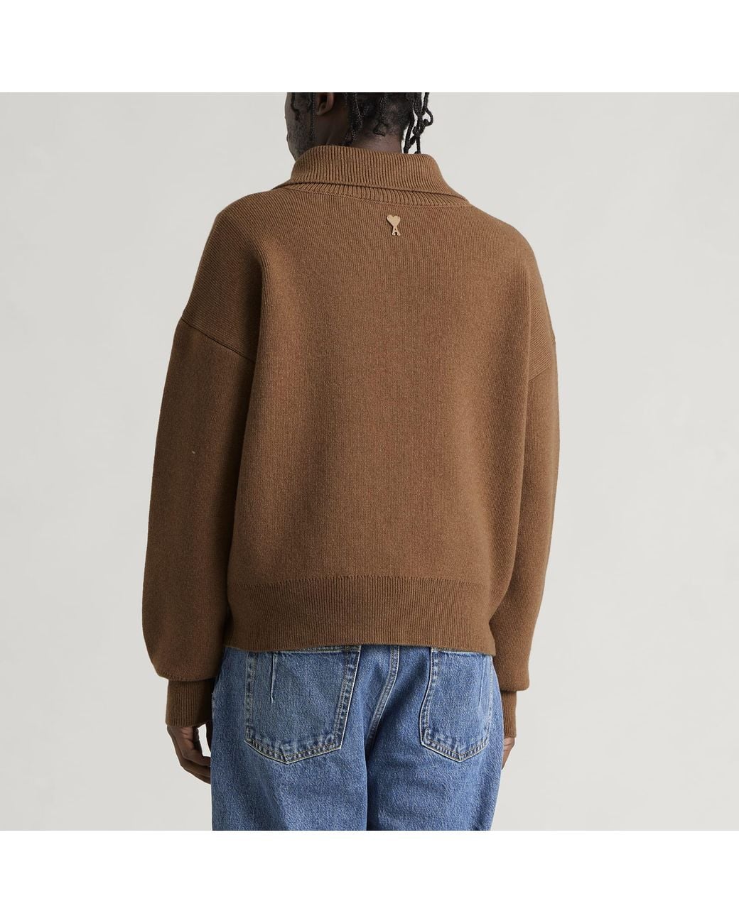 AMI Brown Compact Wool Buttoned Collar Jumper for men