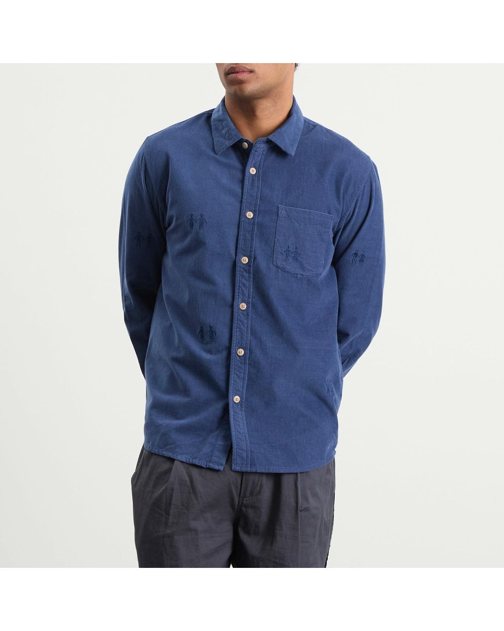 Folk Blue Embroidery Direction Babycord Shirt for men