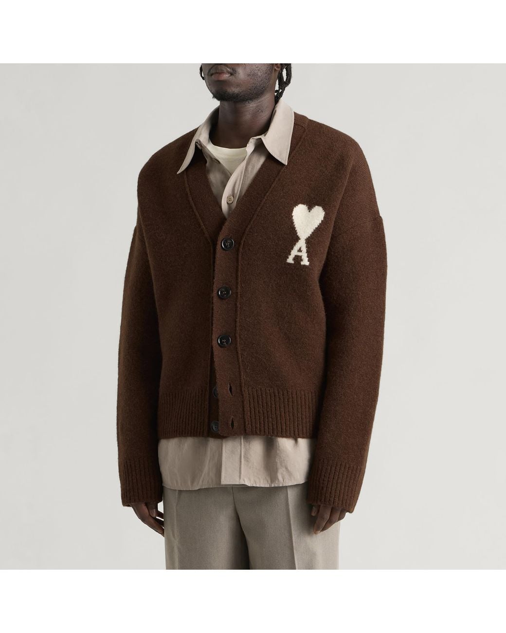 AMI Brown Alpaca Cardigan With Adc for men